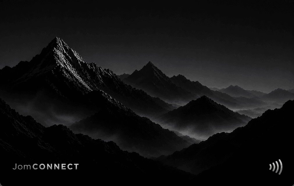 JomCONNECT NFC card — cinematic monochrome mountain design with contactless icon